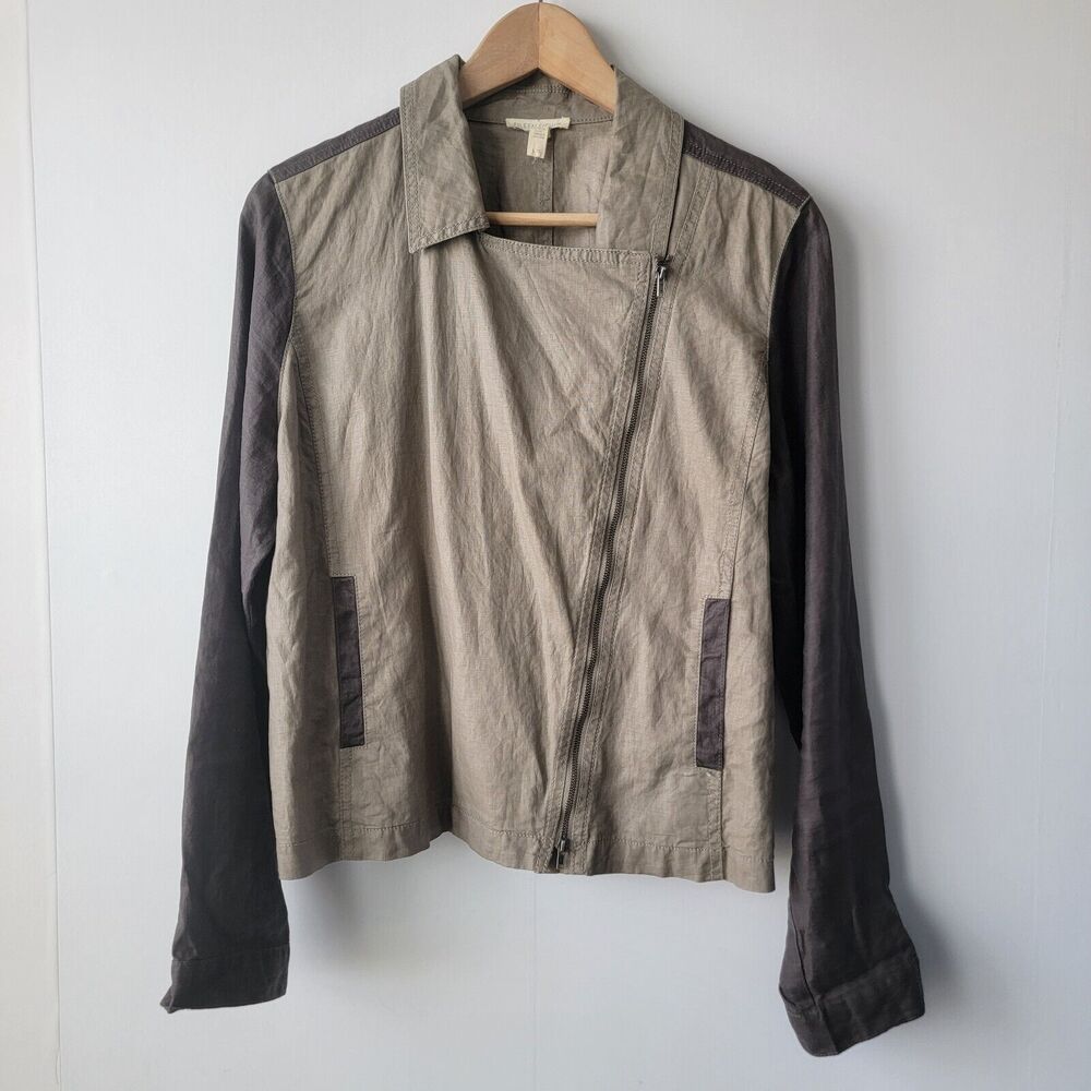 Eileen fisher womens Stone Coated 100%Linen Asymmetrical Zip Jacket size‎ L